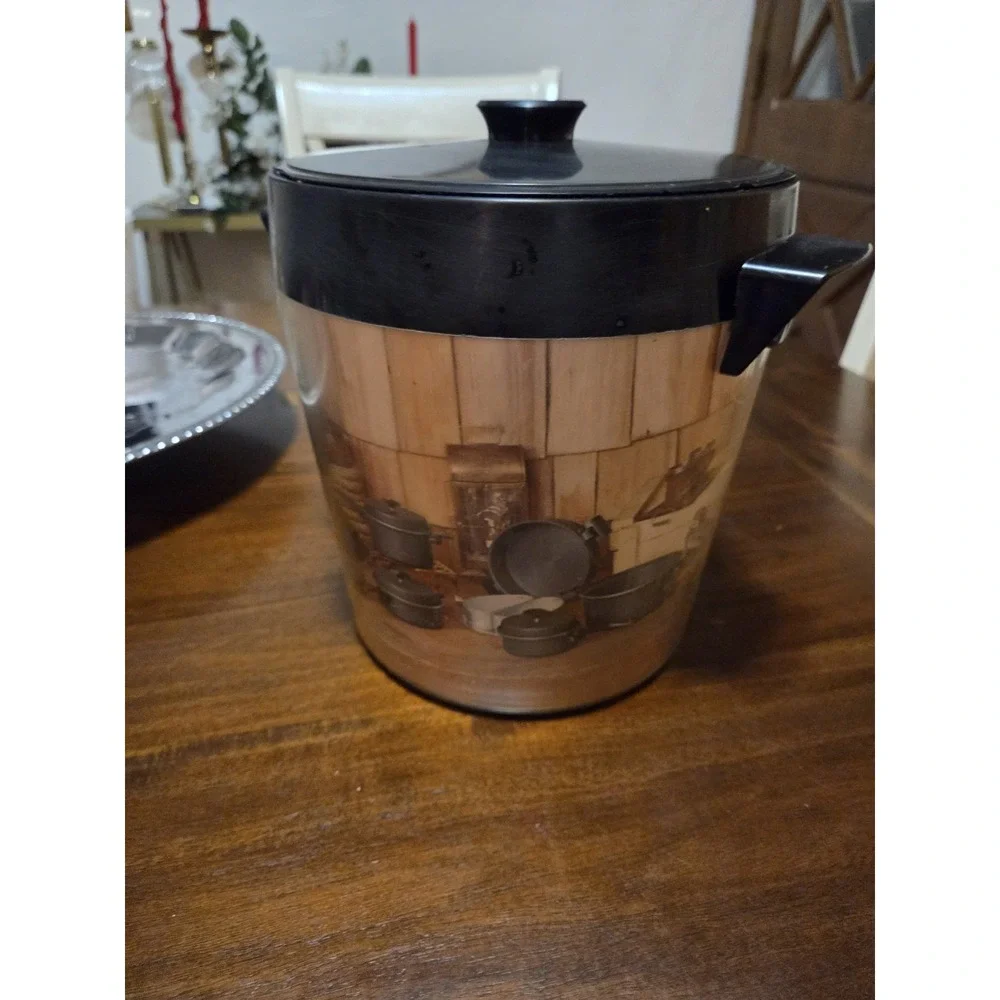 vintage West Bend Thermo-Serv ice bucket features a rustic sportsman design, Bar